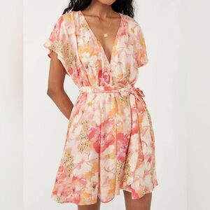 Free People Freddy Floral Pink and Orange Romantic Dress Sz M